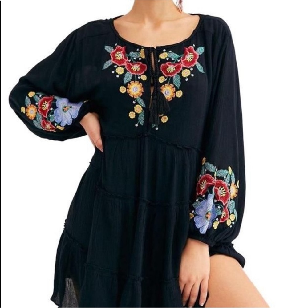 Free People Floral Embroidered Black Boho Dress XS